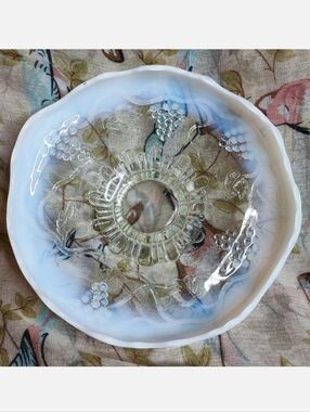 Northwood Vintage Opalescent Pedestal Grape and Vine Pattern Formal Glass Dish